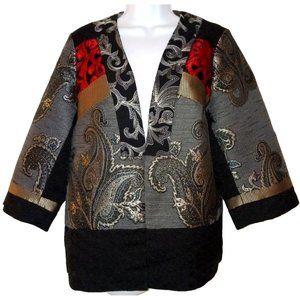 CHICO'S Medium/1 Black Patch Print Embroidered Jacquard Open Kimono Lined Jacket